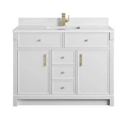 Renovate for Less Atlanta Bellshire 48" Single Vanity, Bright White w/ Single Hole 3 CM White Zeus Silestone Top and Matching Backsplash