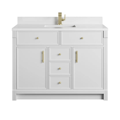 Bellshire 48" Single Vanity, Bright White w/ Single Hole 3 CM White Zeus Silestone Top and Matching Backsplash