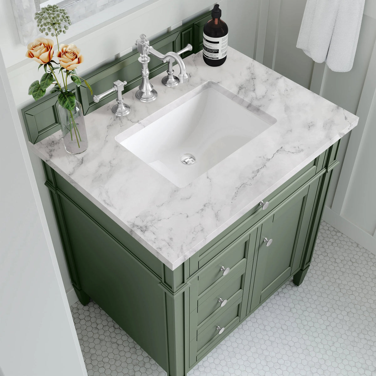 Brittany 30" Single Vanity, Smokey Celadon w/ 3 CM Carrara Marble Top