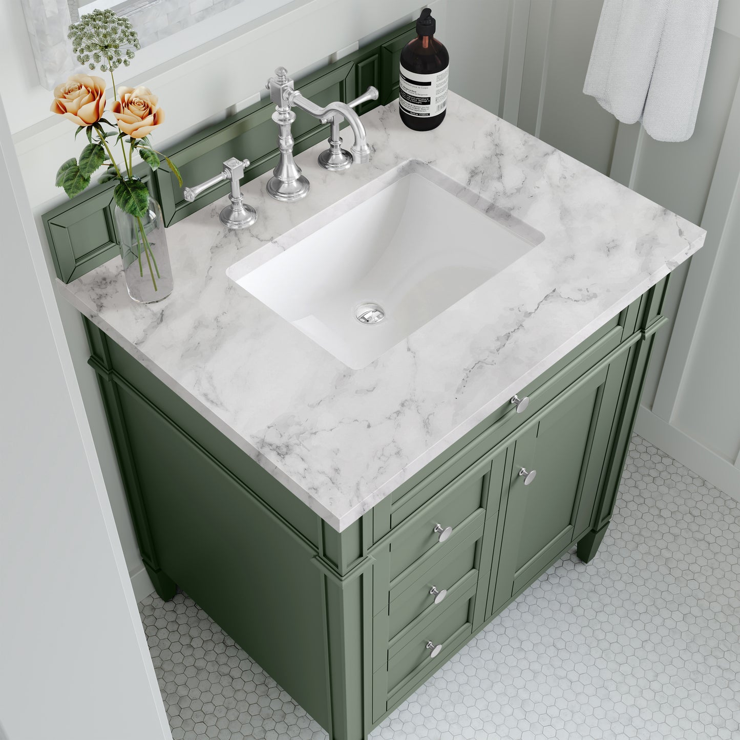 Renovate for Less Atlanta Brittany 30" Single Vanity, Smokey Celadon w/ 3 CM Carrara Marble Top