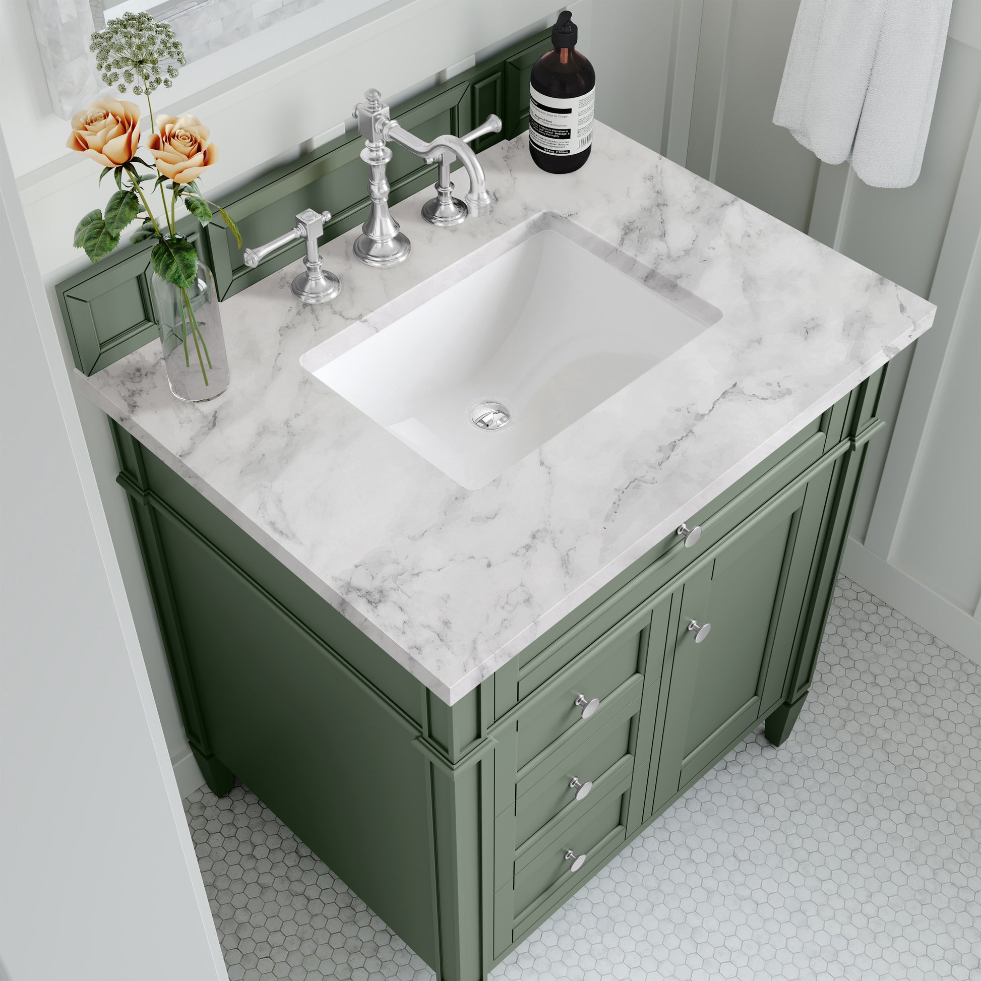 Renovate for Less Atlanta Brittany 30" Single Vanity, Smokey Celadon w/ 3 CM Carrara Marble Top
