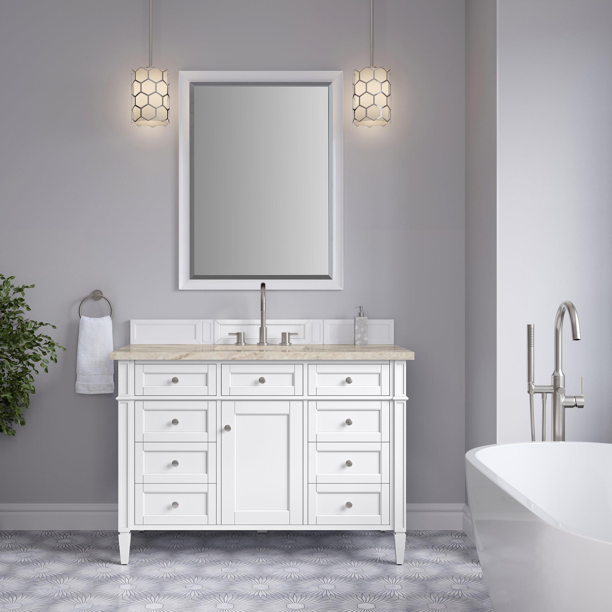 Renovate for Less Atlanta Brittany 48" Single Vanity in Bright White, w/ 3 CM Tajnar Eclos Top w/FreePower Wireless Charger