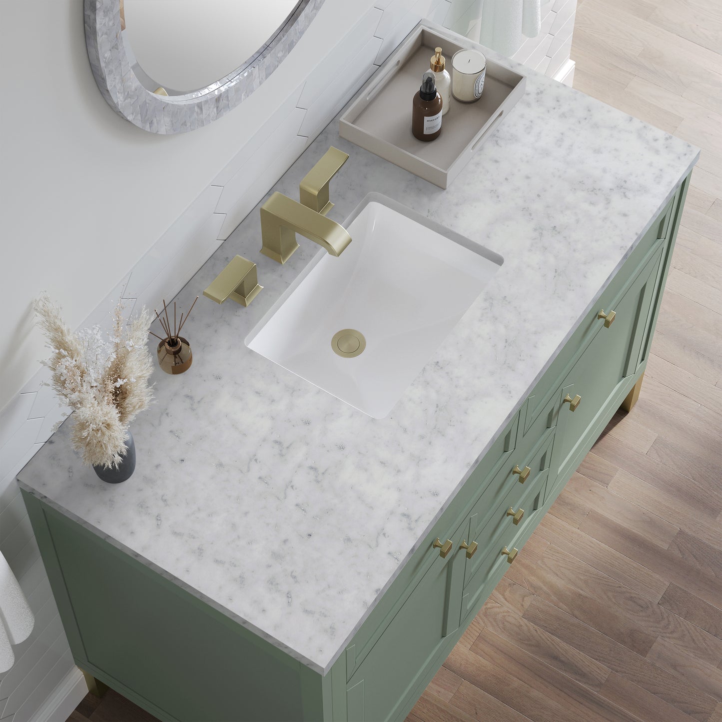 Renovate for Less Atlanta Chicago 48" Single Vanity, Smokey Celadon, w/ 3 CM Carrara Marble Top