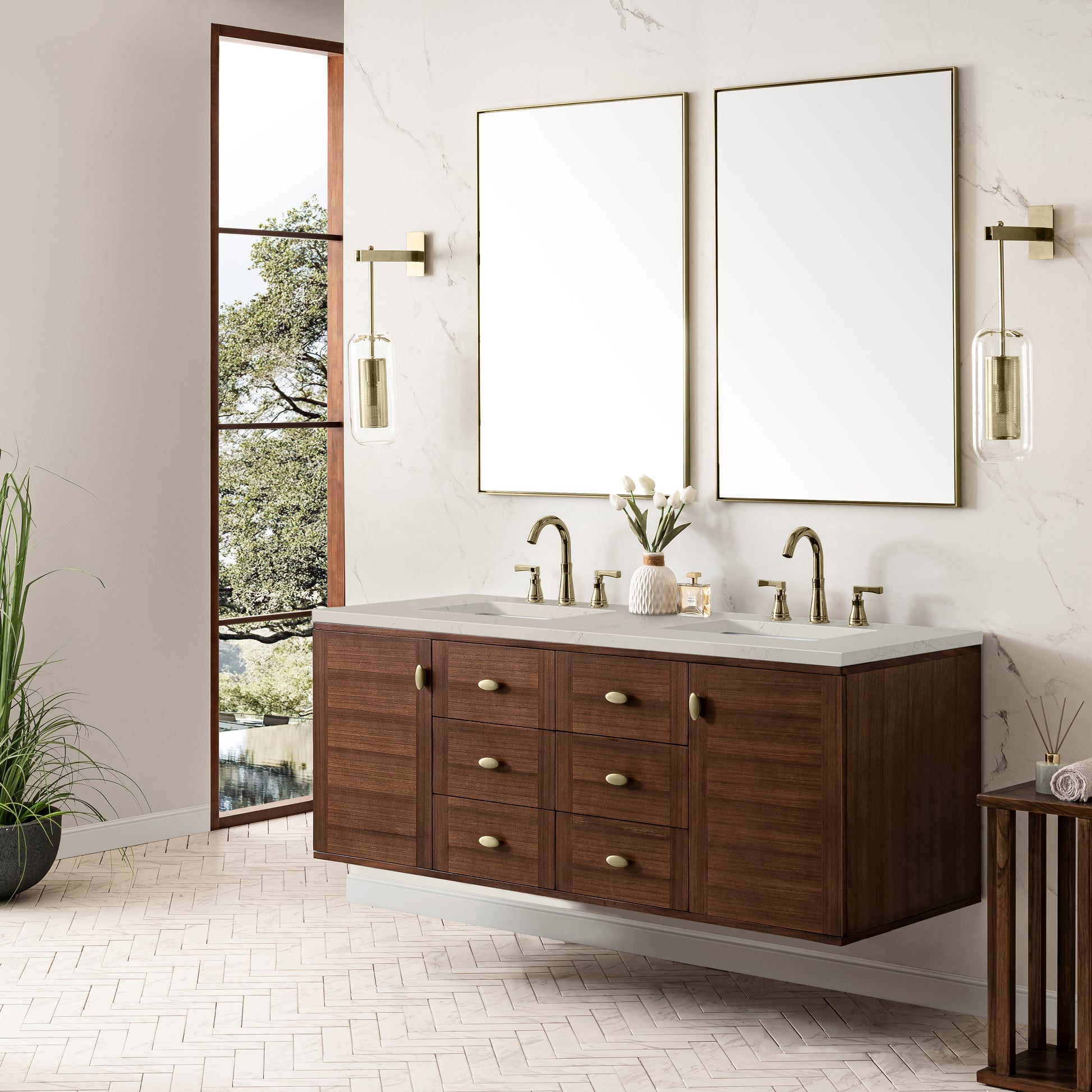 Renovate for Less Atlanta Amberly 60" Double Vanity, Mid-Century Walnut, w/ 3 CM Siberian Silestone Top w/FreePower Wireless Charger
