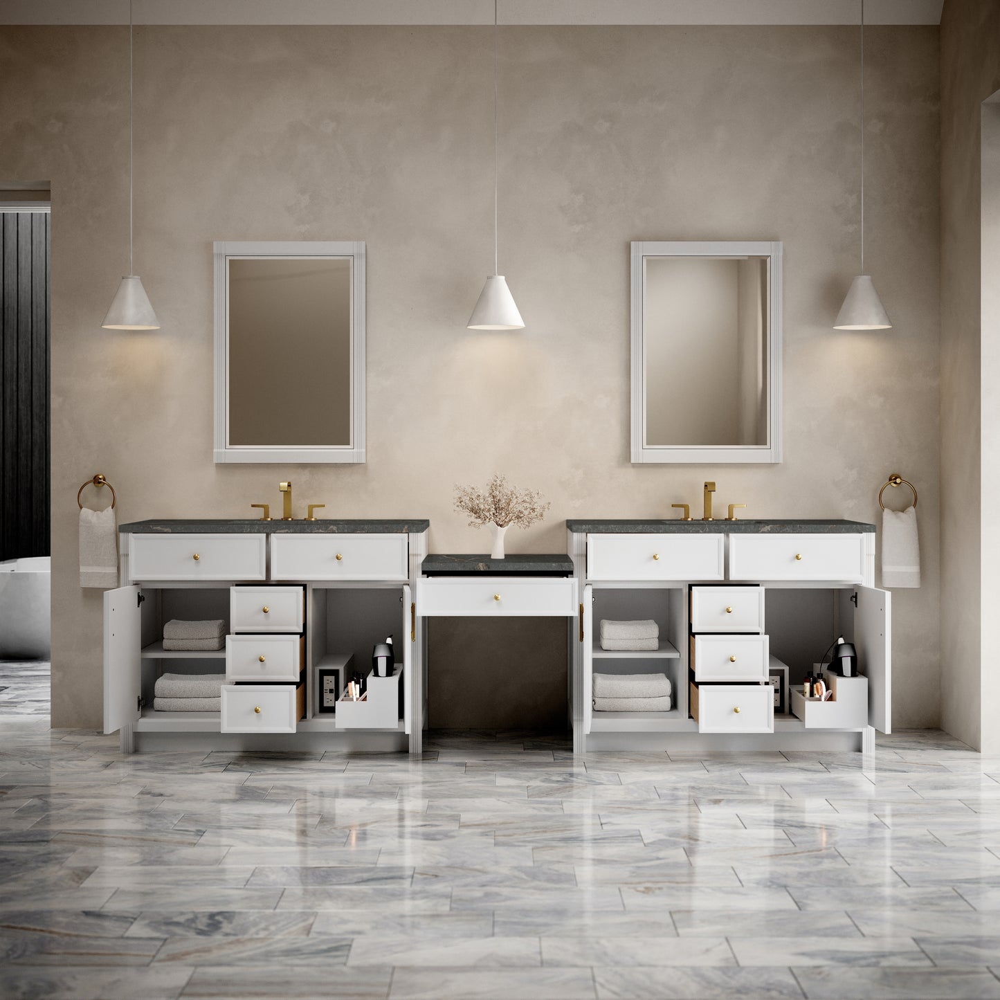 Renovate for Less Atlanta Bellshire 120" Dual Vanity Set with 24" Make-Up Counter, Bright White w/3 cm Parisien Bleu Silestone Top w/FreePower Wireless Charger