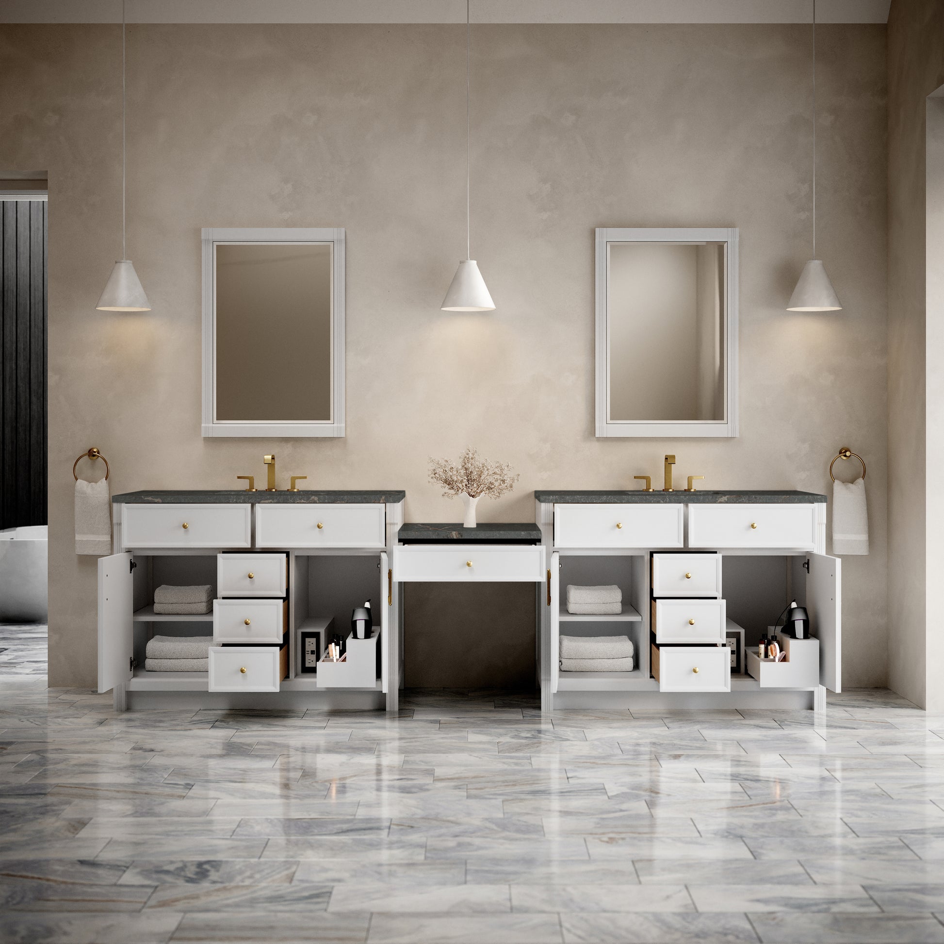 Renovate for Less Atlanta Bellshire 120" Dual Vanity Set with 24" Make-Up Counter, Bright White w/3 cm Parisien Bleu Silestone Top w/FreePower Wireless Charger