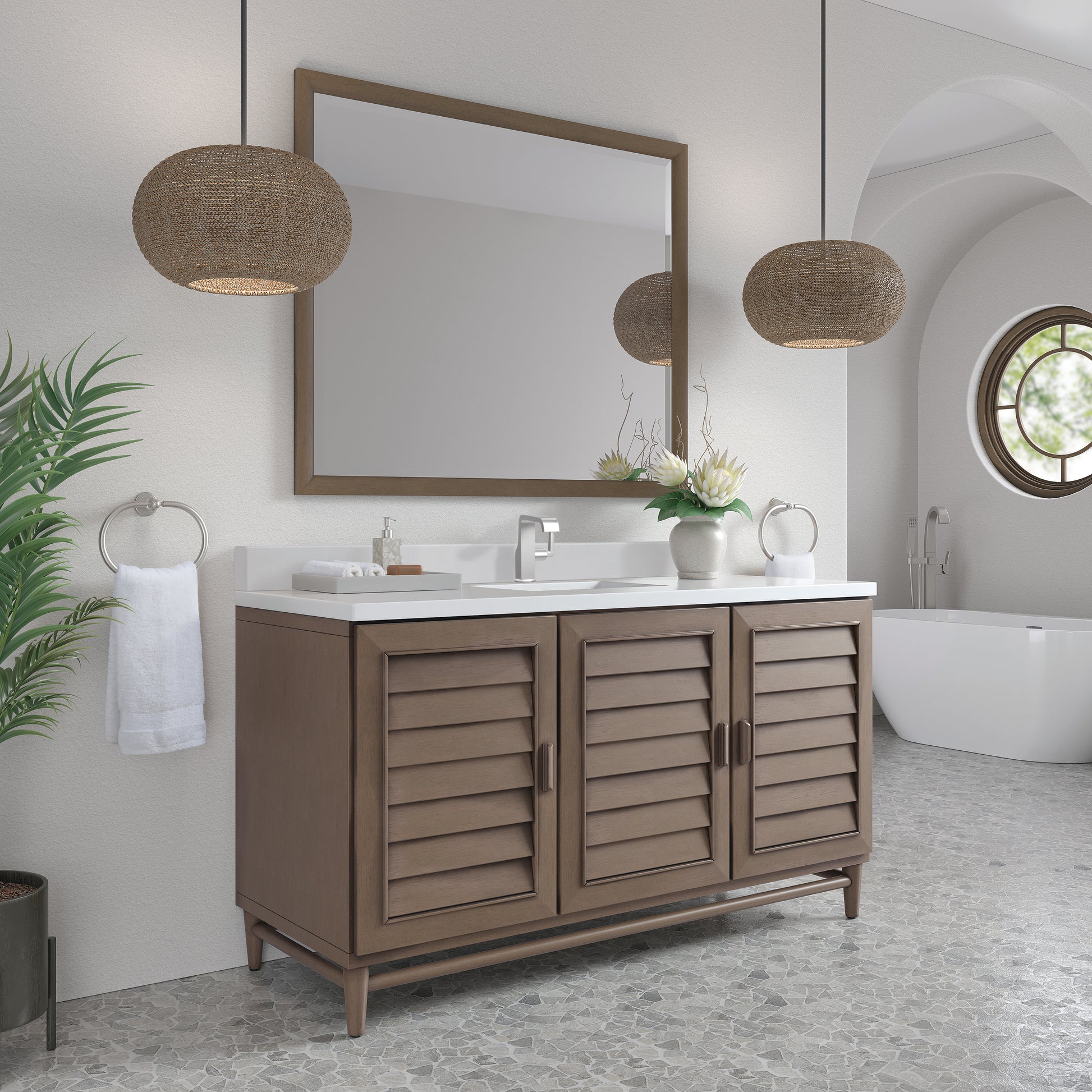 Renovate for Less Atlanta Portland 60" Single Vanity Whitewashed Walnut w/ Single Hole 3 CM White Zeus Silestone Top & Backsplash