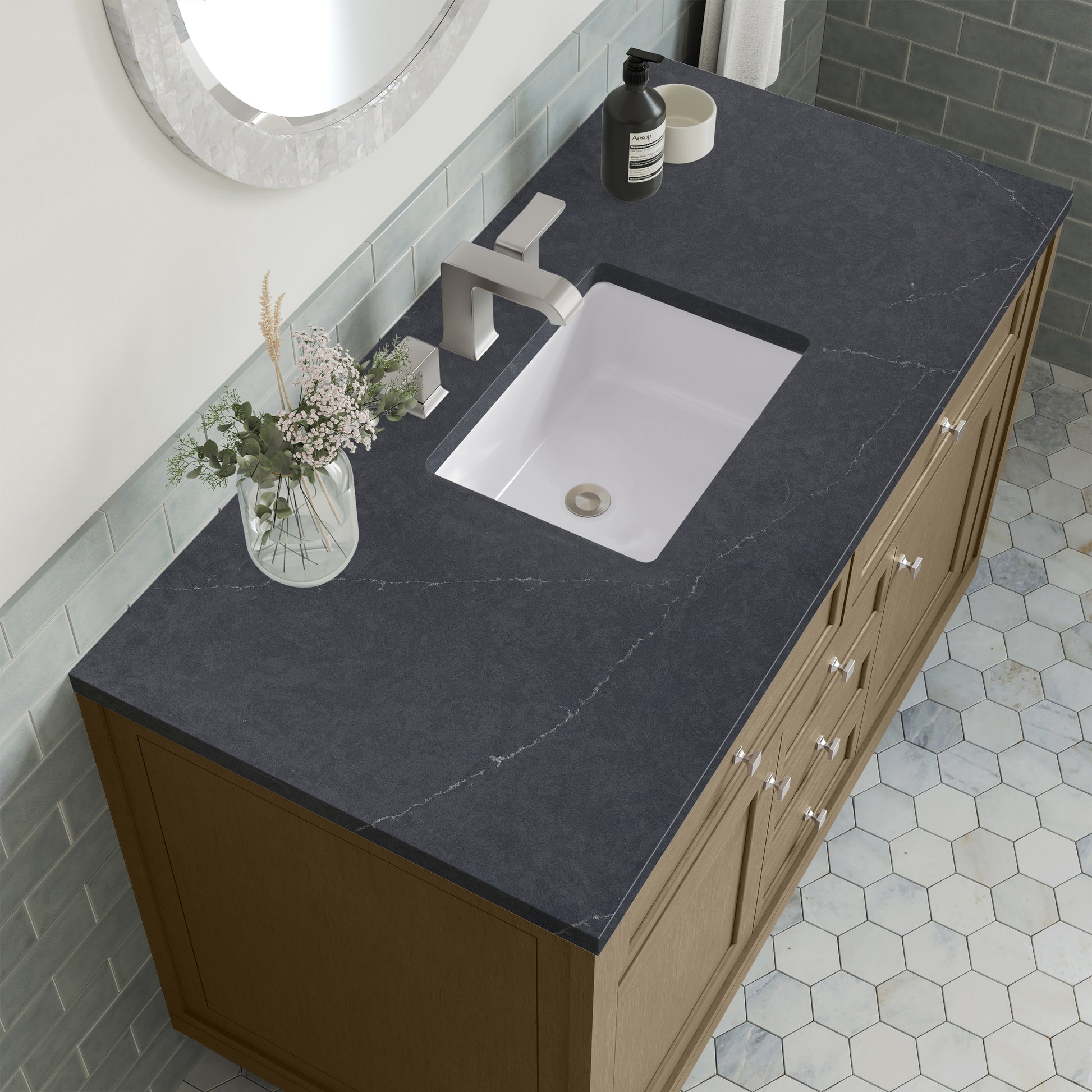 Renovate for Less Atlanta Chicago 48" Single Vanity, Walnut Whisper, w/ 3 CM Charcoal Soapstone Silestone® Top