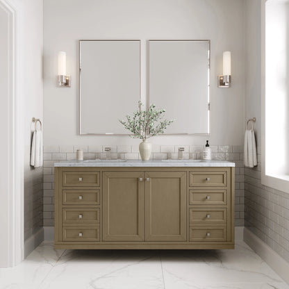 Chicago 60" Double Vanity, Walnut Whisper, w/ 3 CM Carrara Marble Top