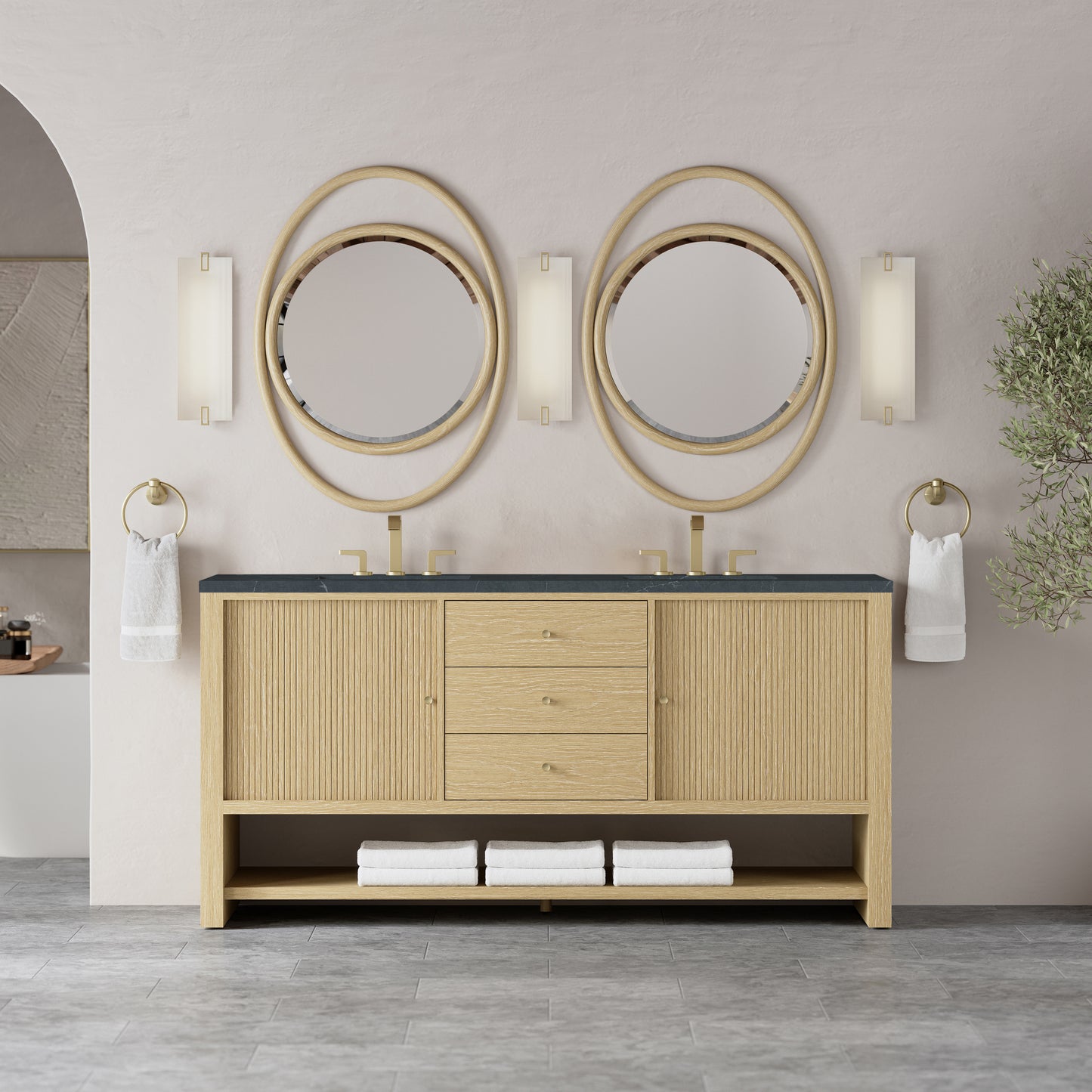 Renovate for Less Atlanta Marigot 72" Double Vanity, Sunwashed Oak w/ 3 CM Charcoal Soapstone Silestone Top