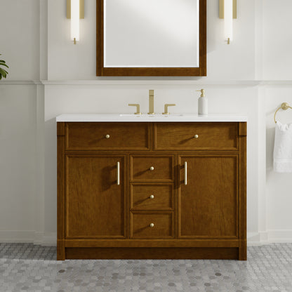 Renovate for Less Atlanta Bellshire 48" Single Vanity, Honey Oak w/ 3 CM White Zeus Silestone Top
