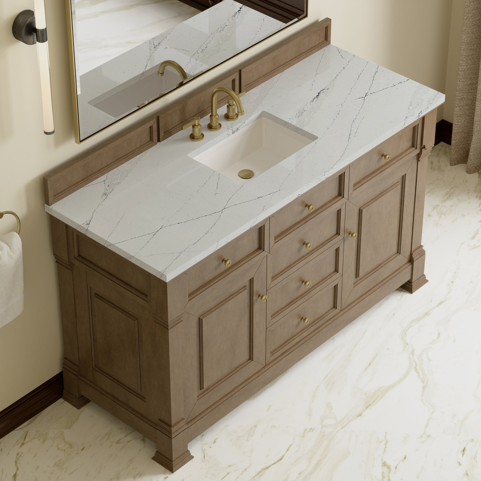 Renovate for Less Atlanta Brookfield 60" Single Vanity, Pecan w/ 3 CM Ethereal Noctis Silestone Top w/ FreePower Wireless Charger