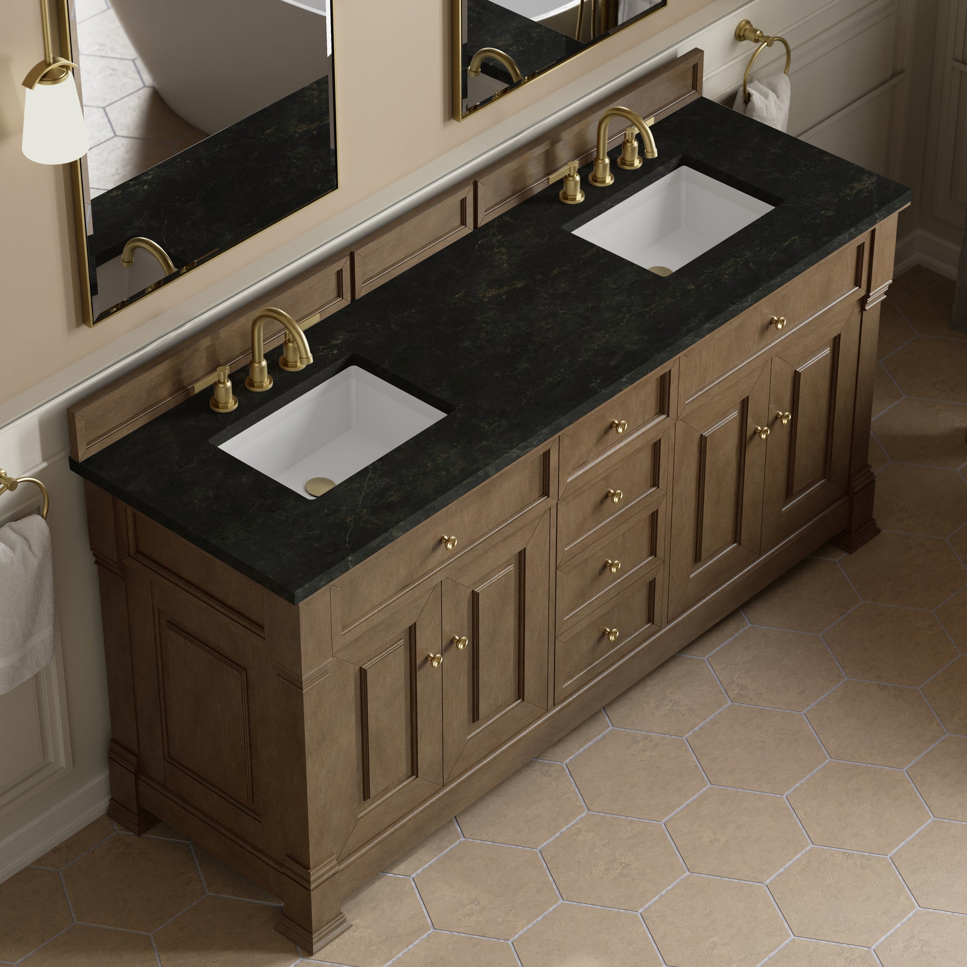 Renovate for Less Atlanta Brookfield 72" Double Vanity, Pecan, w/ 3 CM Phantome Eclos Top