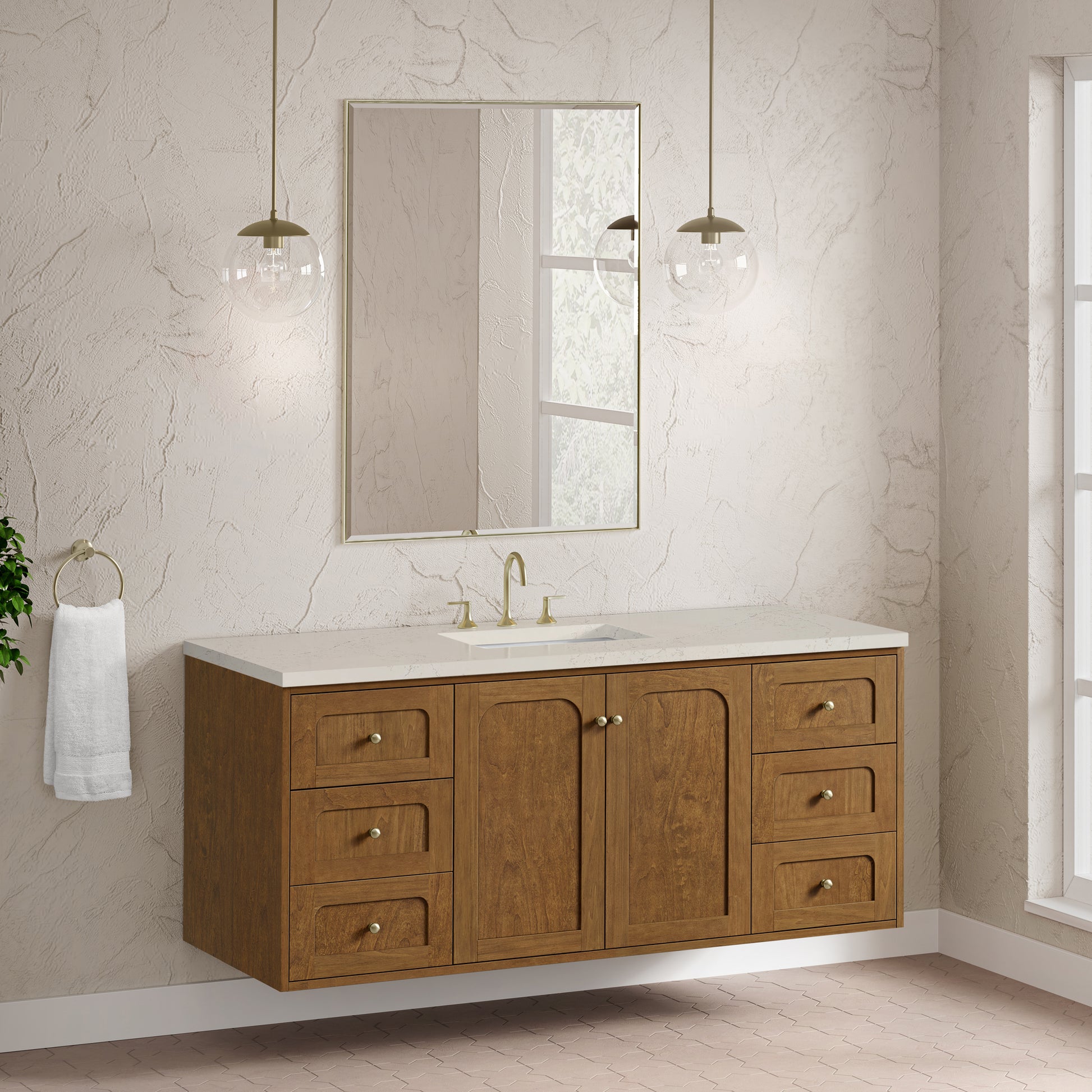 Renovate for Less Atlanta Laurent 60" Single Vanity, Honey Oak w/ 3 CM Siberian Silestone Top w/FreePower Wireless Charger