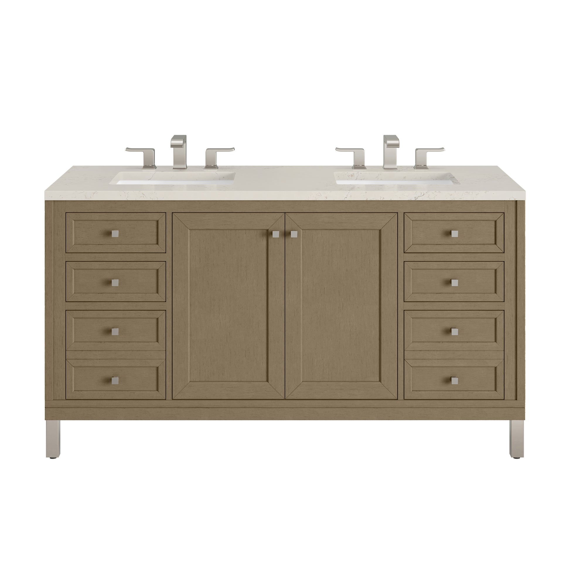 Renovate for Less Atlanta Chicago 60" Double Vanity, Walnut Whisper, w/ 3 CM Siberian Silestone Top w/FreePower Wireless Charger