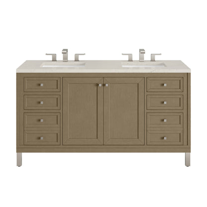Renovate for Less Atlanta Chicago 60" Double Vanity, Walnut Whisper, w/ 3 CM Siberian Silestone Top w/FreePower Wireless Charger