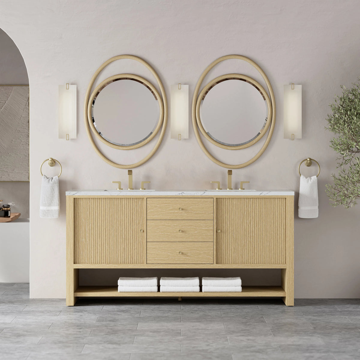 Marigot 72" Double Vanity, Sunwashed Oak w/ 3 CM Ethereal Noctis Silestone Top