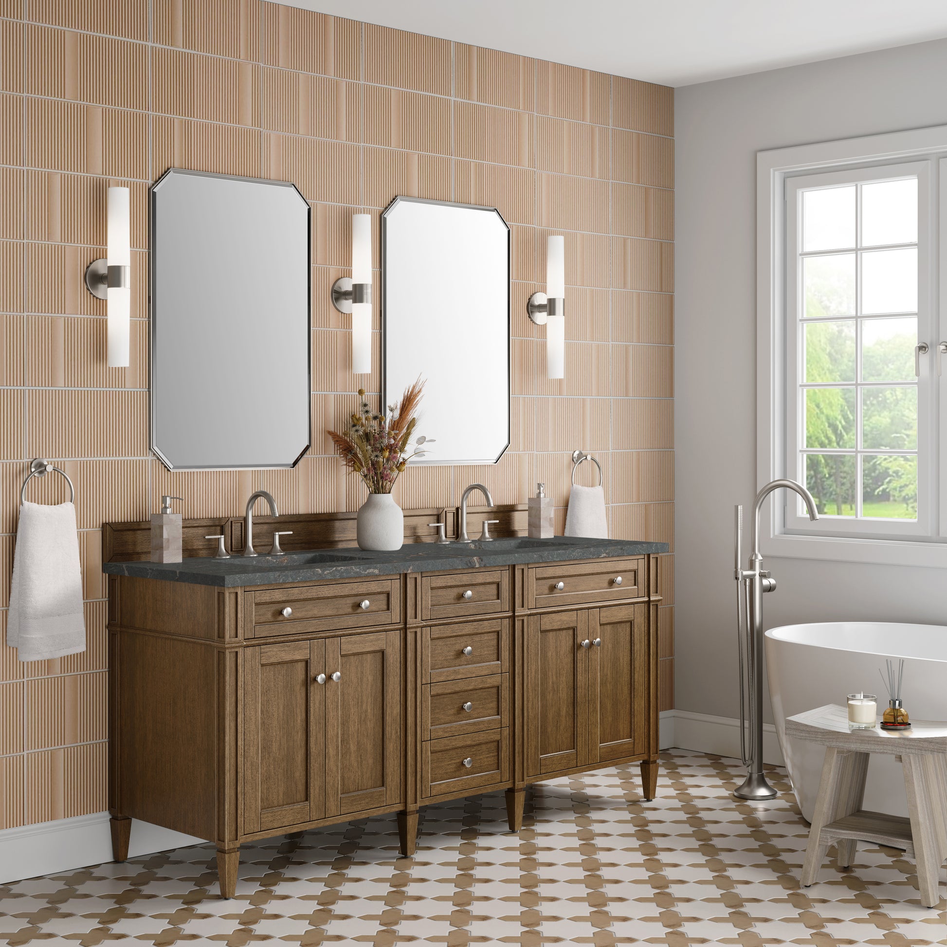 Renovate for Less Atlanta Brittany 72" Double Vanity, Saddle Brown w/ 3 CM Parisien Bleu Silestone Top