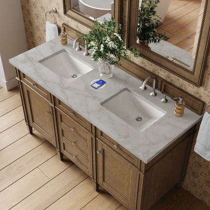 Renovate for Less Atlanta Brittany 60" Double Vanity, Saddle Brown w/ 3 CM Victorian Silver Silestone Top w/FreePower Wireless Charger