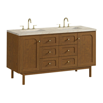 Renovate for Less Atlanta Laurent 60" Double Vanity, Honey Oak w/ 3 CM Tajnar Eclos Top w/FreePower Wireless Charger