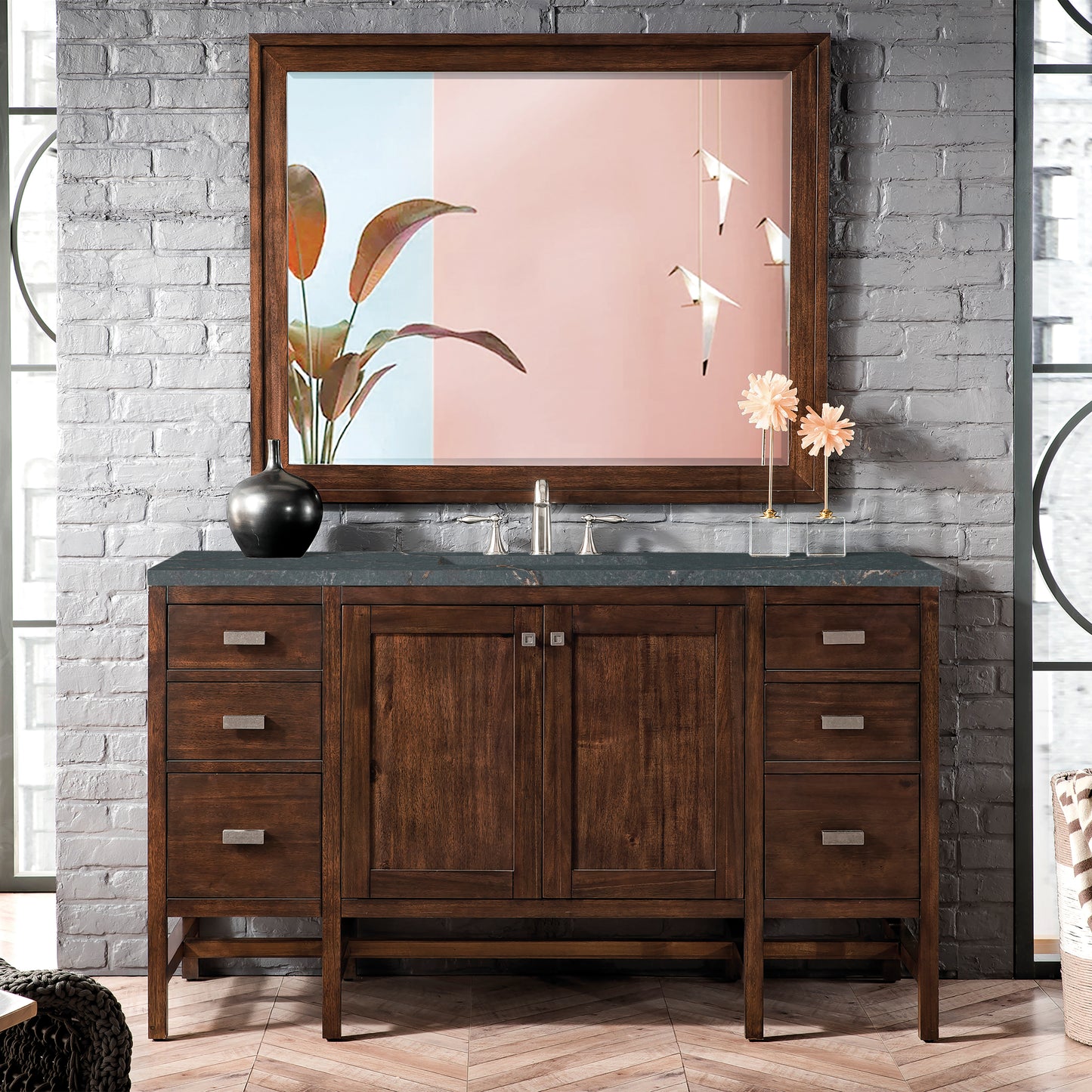 Renovate for Less Atlanta Addison 60" Single Vanity, Mid-Century Acacia w/ 3 CM Parisien Bleu Silestone Top