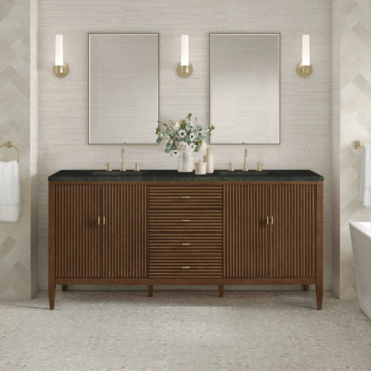 Myrrin 72" Vanity, Mid Century Walnut, w/ 3 CM Phantome Eclos Top