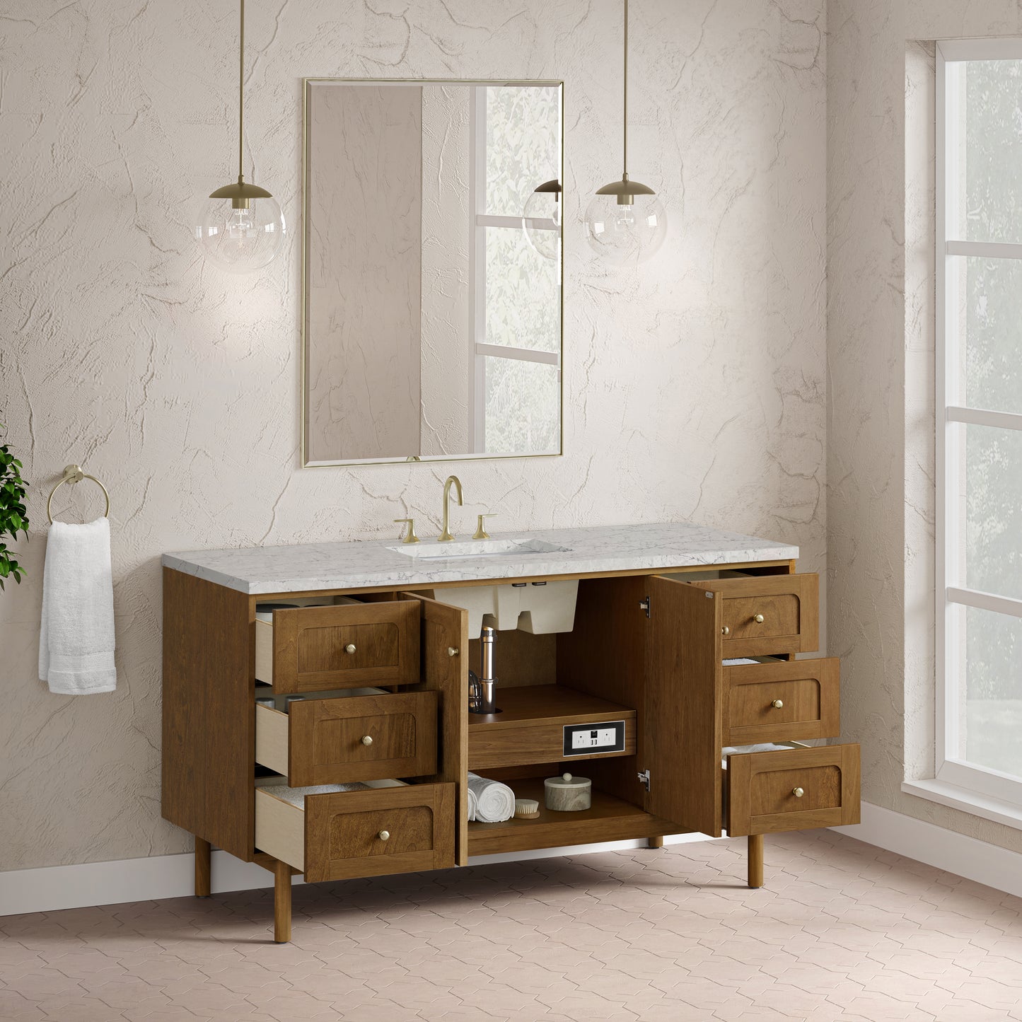 Renovate for Less Atlanta Laurent 60" Single Vanity, Honey Oak w/ 3 CM Eternal Jasmine Pearl Silestone Top