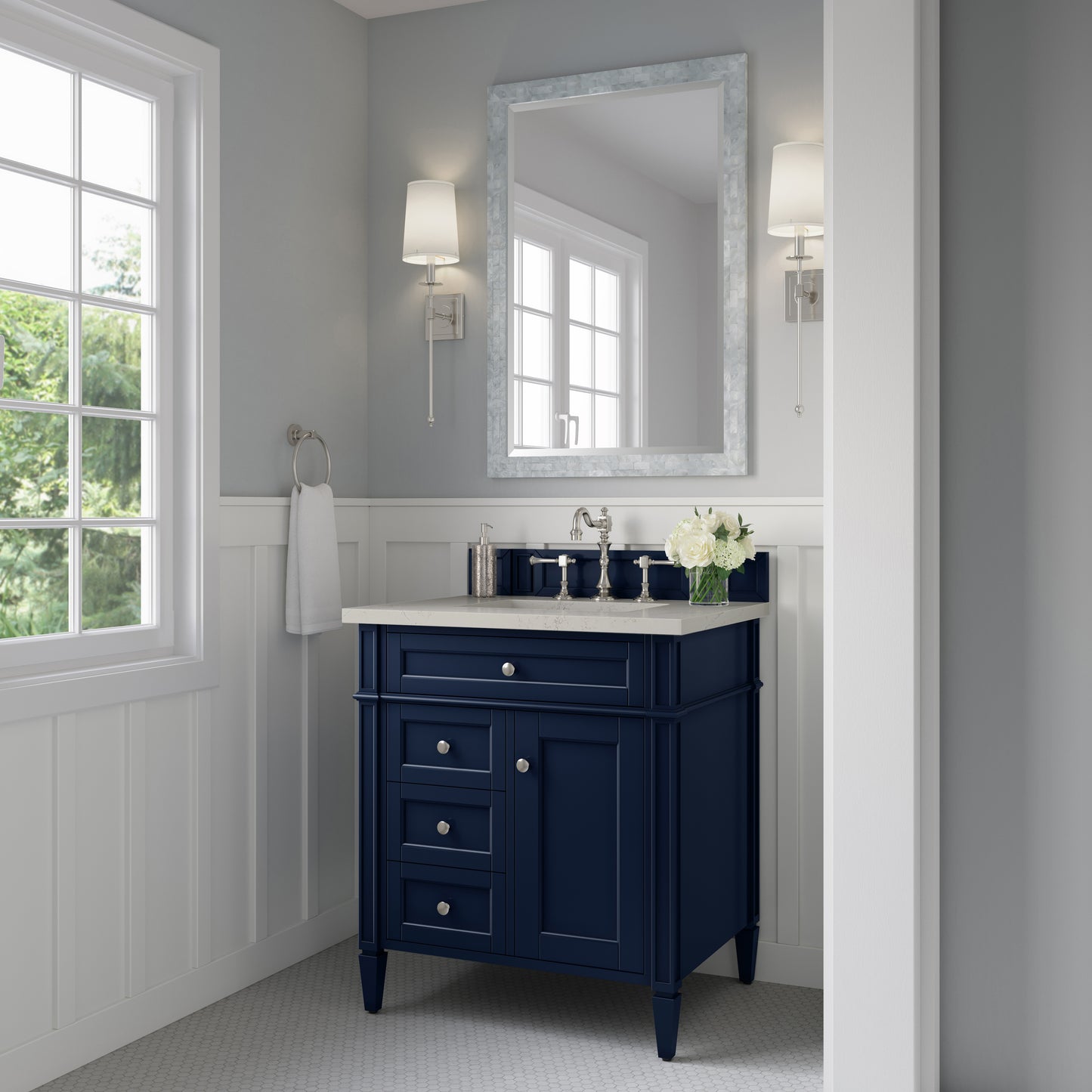 Renovate for Less Atlanta Brittany 30" Single Vanity, Victory Blue, w/ 3 CM Siberian Silestone Top