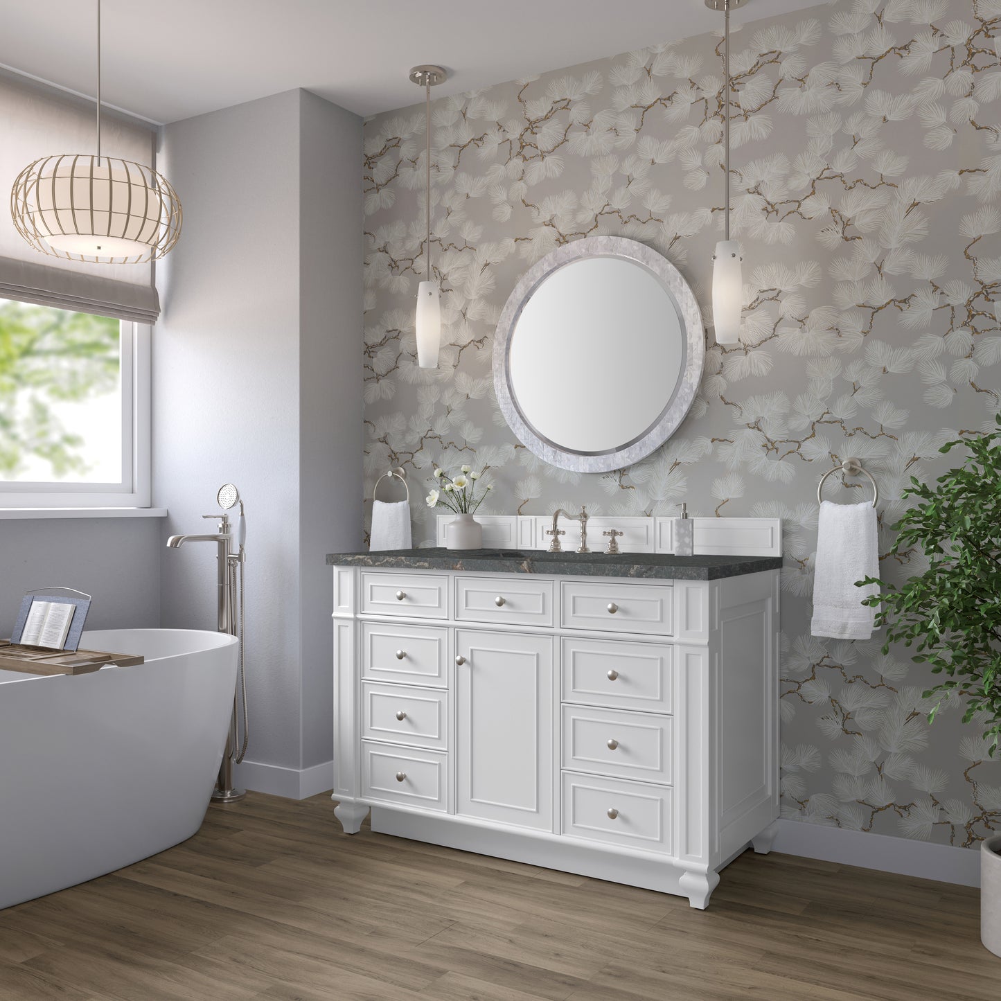 Renovate for Less Atlanta Bristol 48" Single Vanity, Bright White w/ 3 CM Parisien Bleu Silestone Top
