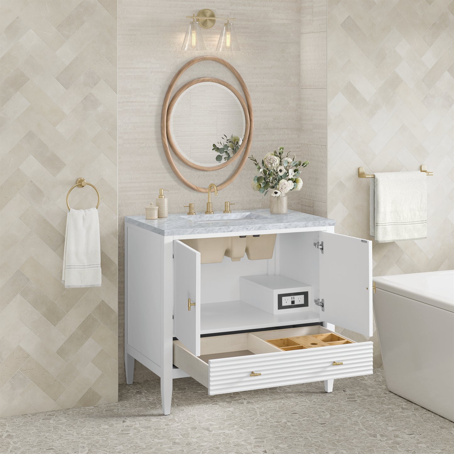 Renovate for Less Atlanta Myrrin 36" Vanity, Bright White w/ 3 CM Carrara White Marble Top
