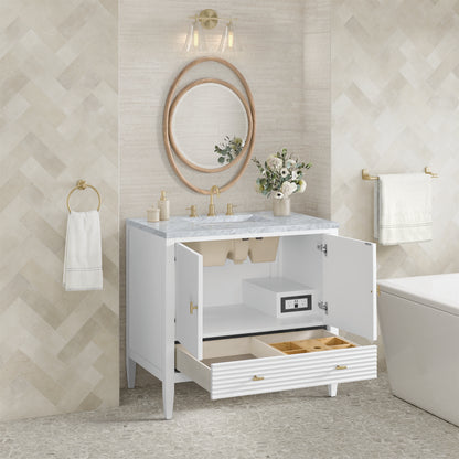 Renovate for Less Atlanta Myrrin 36" Vanity, Bright White w/ 3 CM Carrara White Marble Top
