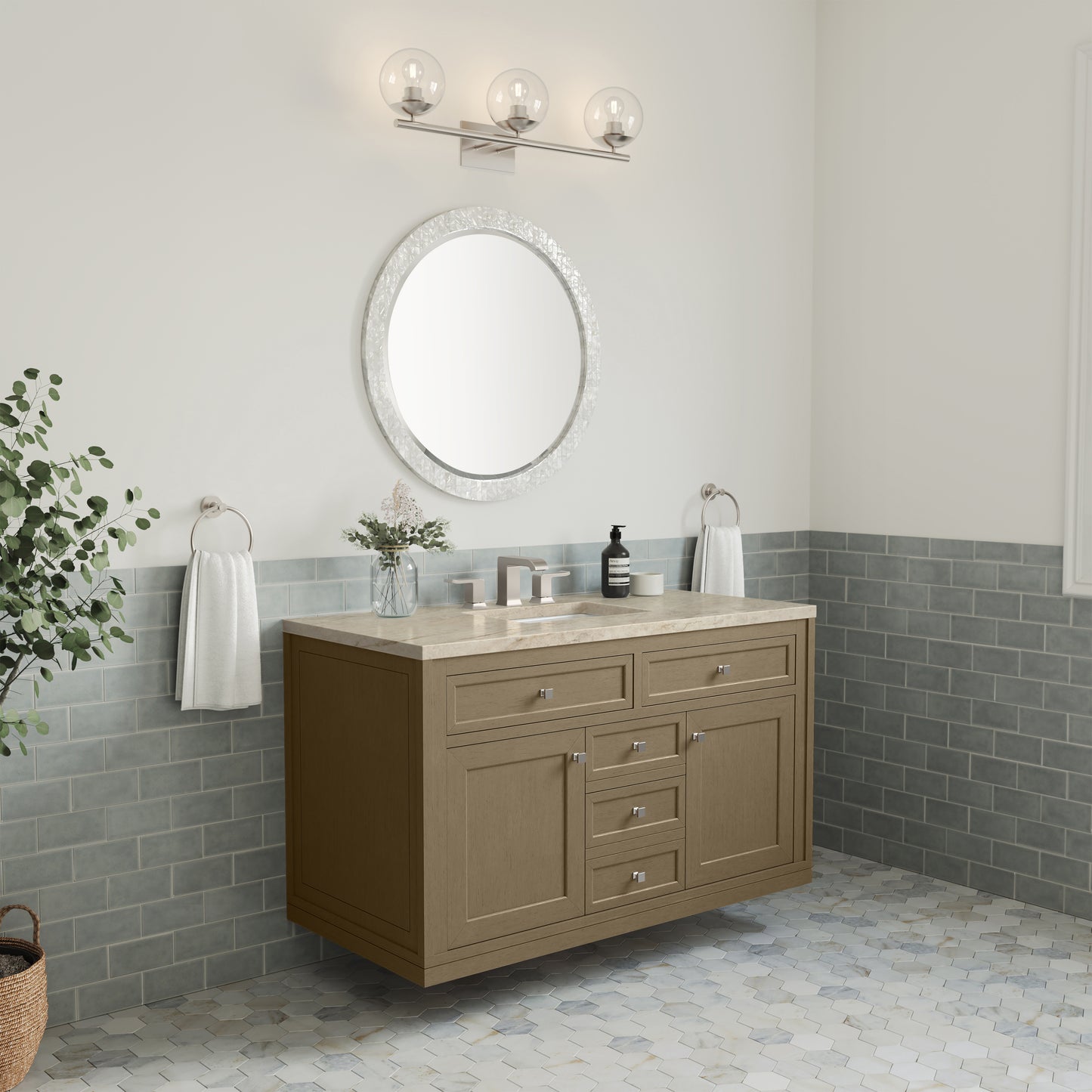 Renovate for Less Atlanta Chicago 48" Single Vanity, Walnut Whisper, w/ 3 CM Tajnar Eclos Top w/FreePower Wireless Charger