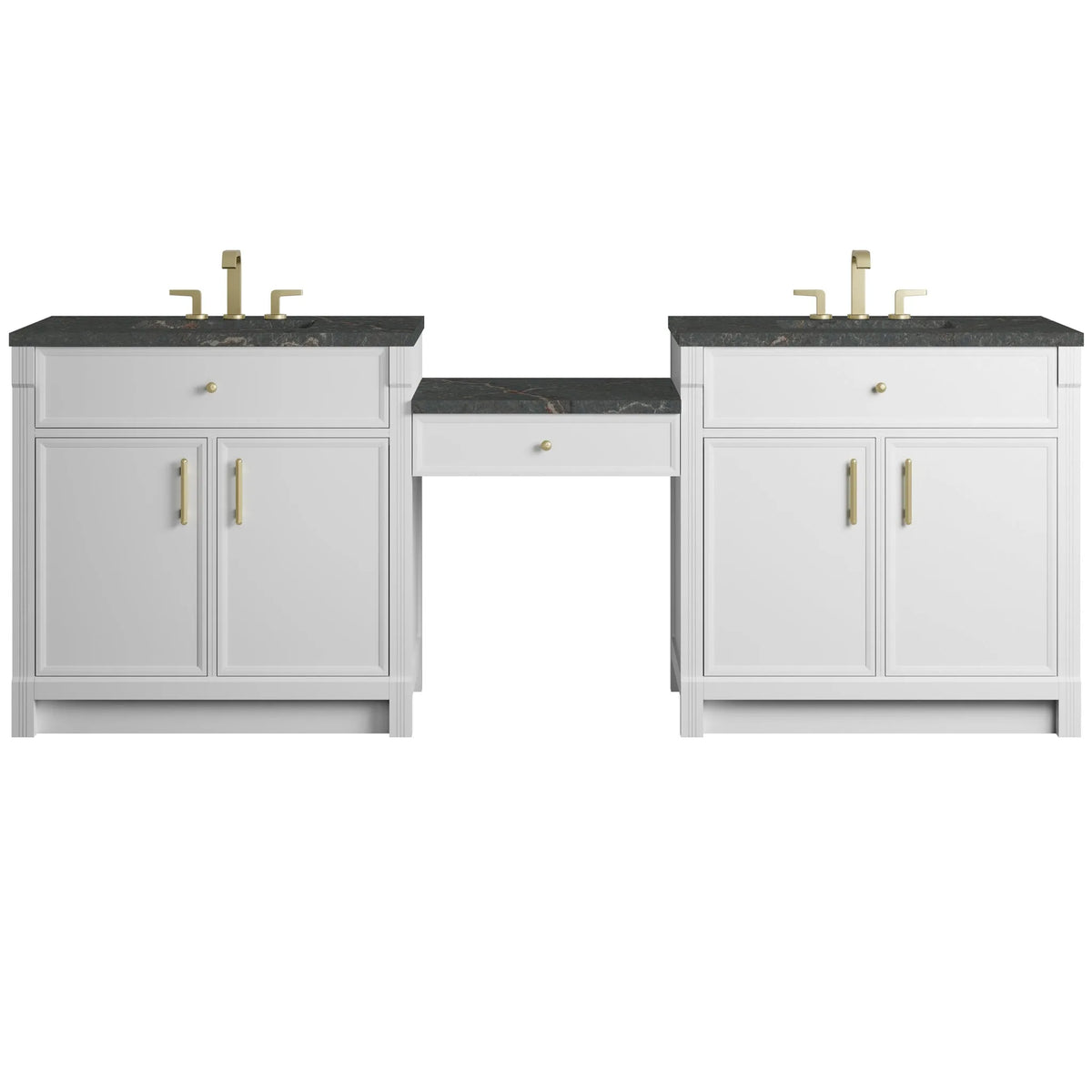 Bellshire 96" Dual Vanity Set with 24" Make-Up Counter, Bright White w/3 cm Parisien Bleu Silestone Top