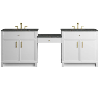 Bellshire 96" Dual Vanity Set with 24" Make-Up Counter, Bright White w/3 cm Parisien Bleu Silestone Top