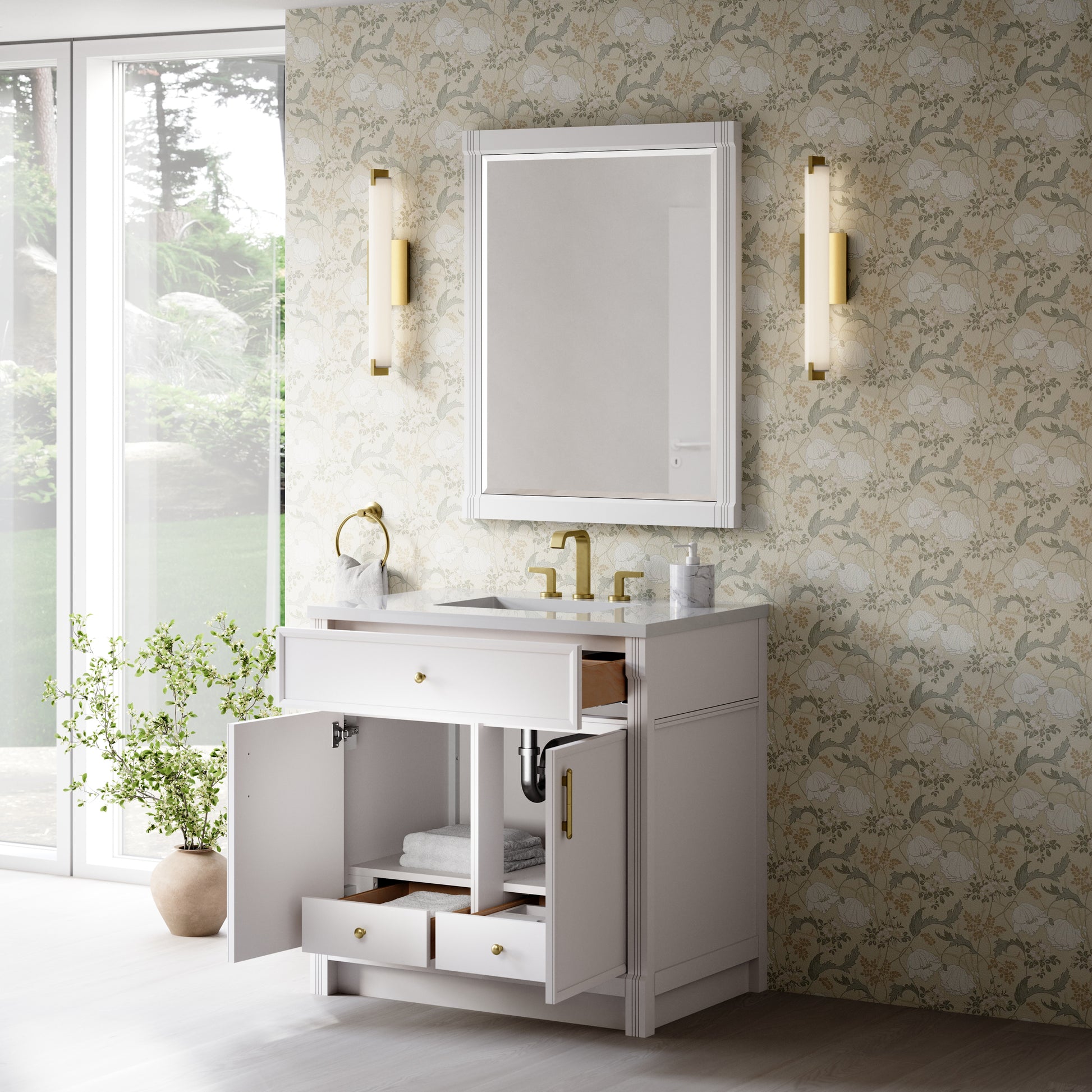 Renovate for Less Atlanta Bellshire 36" Single Vanity, Bright White w/ 3 CM White Zeus Silestone Top