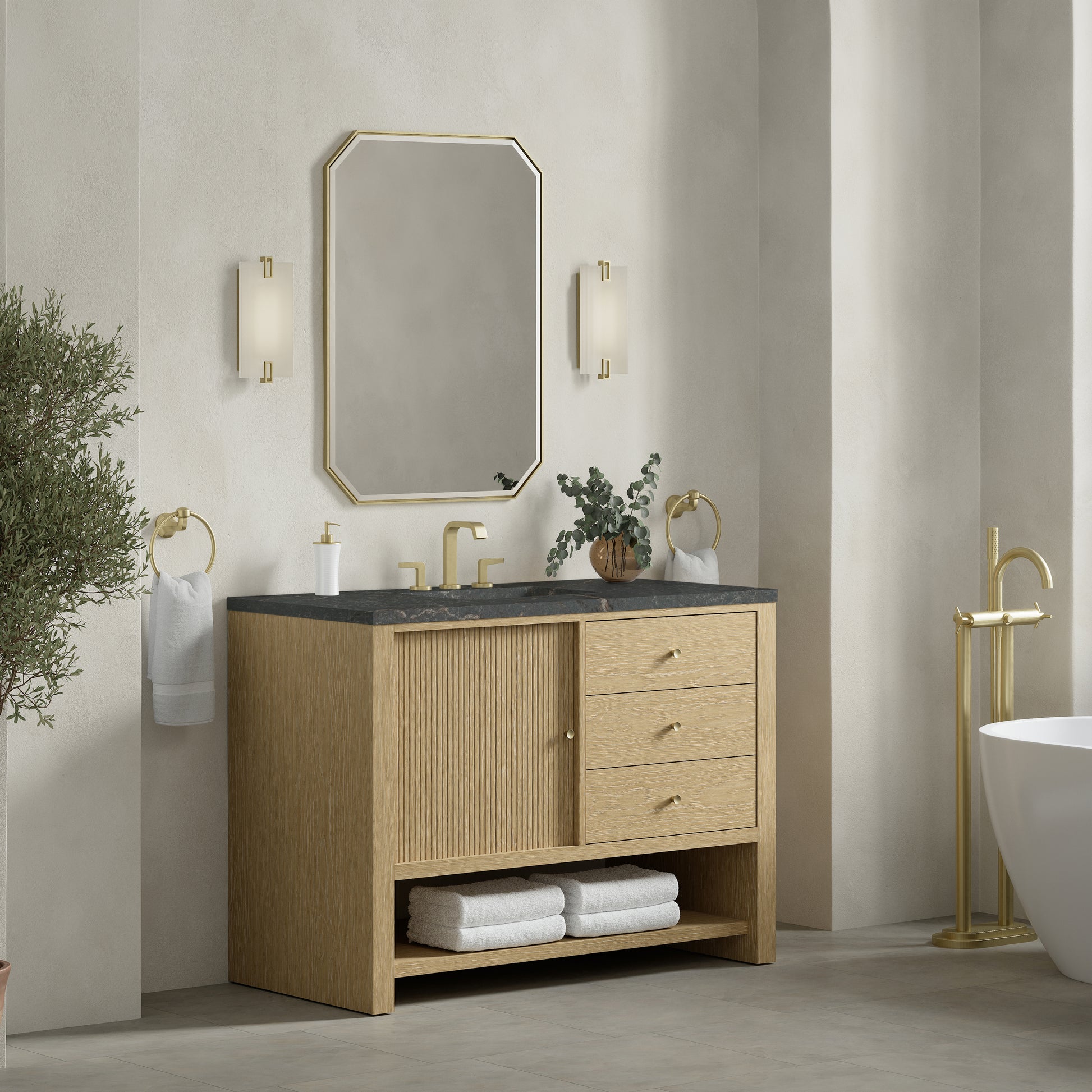 Renovate for Less Atlanta Marigot 48" Single Vanity, Sunwashed Oak w/ 3 CM Parisien Bleu Silestone Top