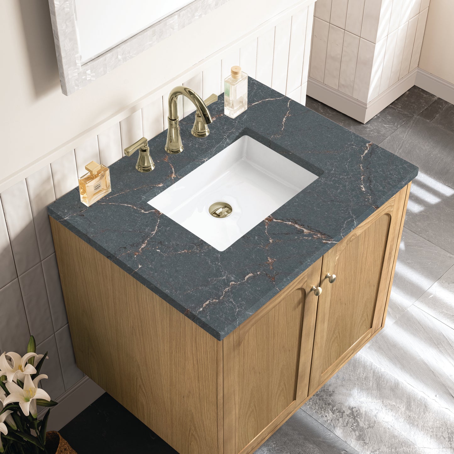 Renovate for Less Atlanta Laurent 30" Single Vanity, Light Natural Oak w/ 3 CM Parisien Bleu Top