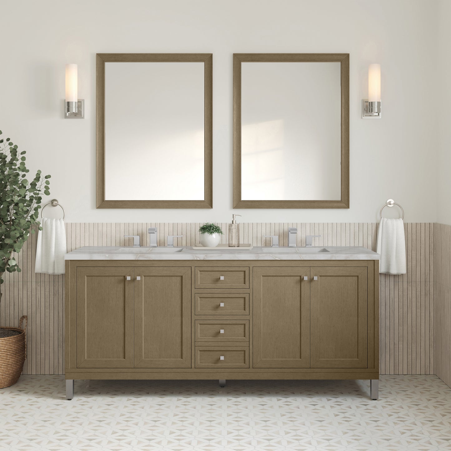Renovate for Less Atlanta Chicago 72" Double Vanity, Walnut Whisper, w/ 3 CM Victorian Silver Silestone Top w/ FreePower Wireless Charger