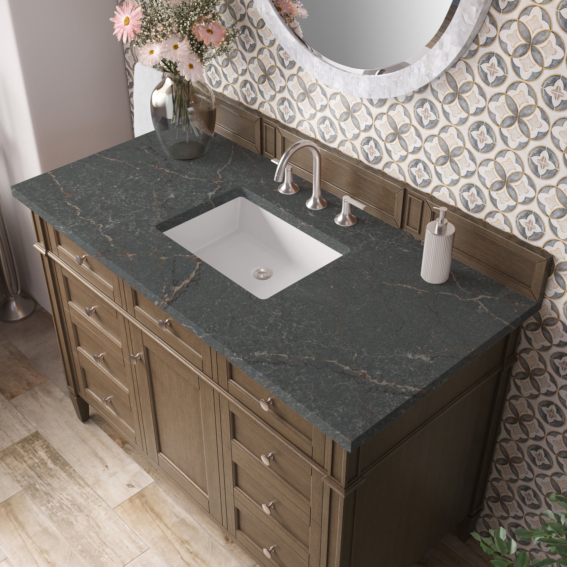 Renovate for Less Atlanta Brittany 48" Single Vanity, Saddle Brown w/ 3 CM Parisien Bleu Silestone Top