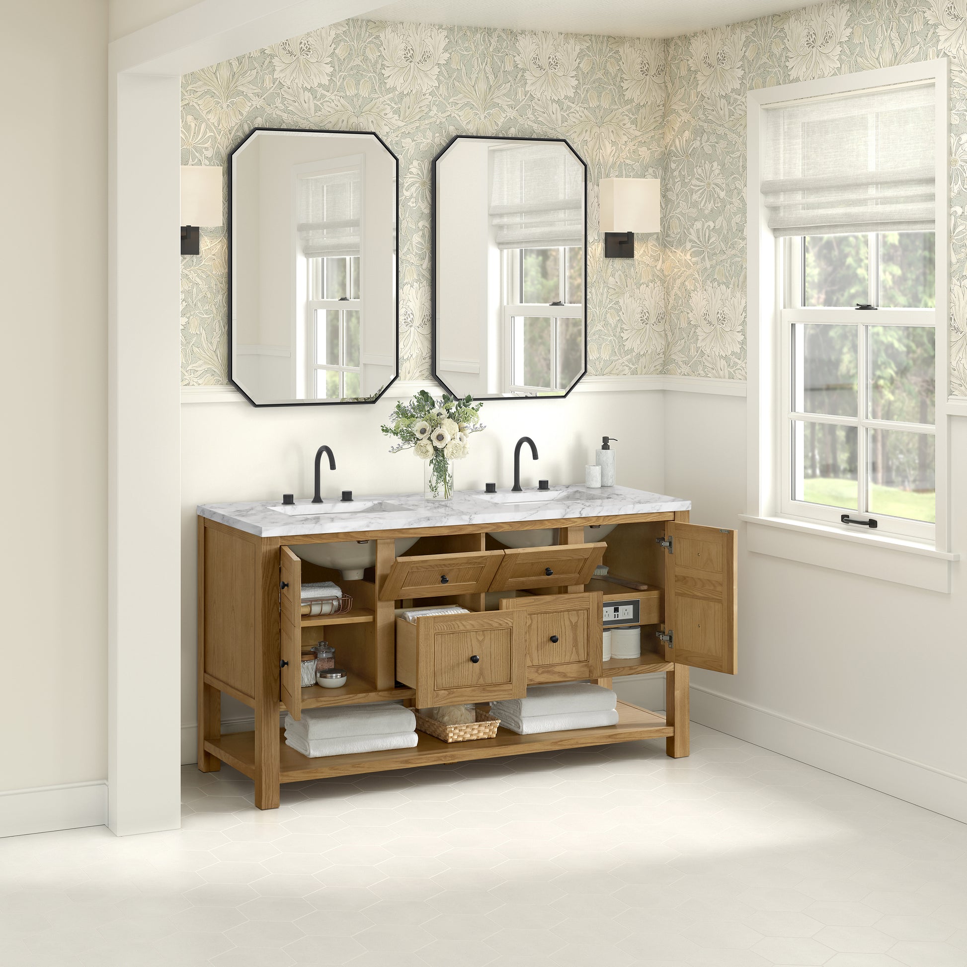 Renovate for Less Atlanta Breckenridge 60" Double Vanity, Light Natural Oak, w/ 3 CM Carrara Marble Top