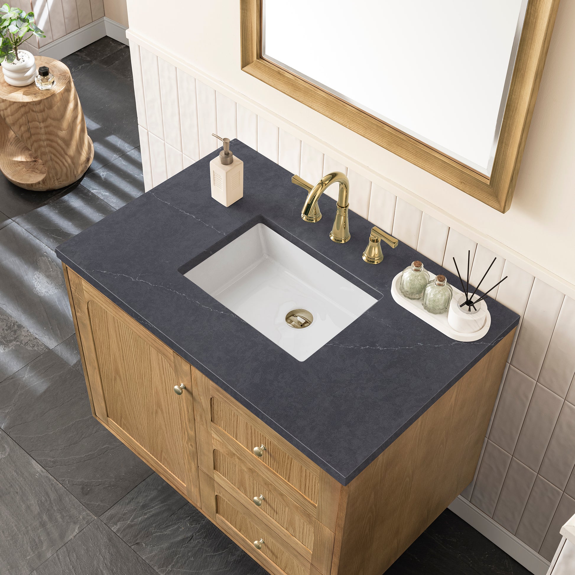 Renovate for Less Atlanta Laurent 36" Single Vanity, Light Natural Oak w/ 3 CM Charcoal Soapstone Top