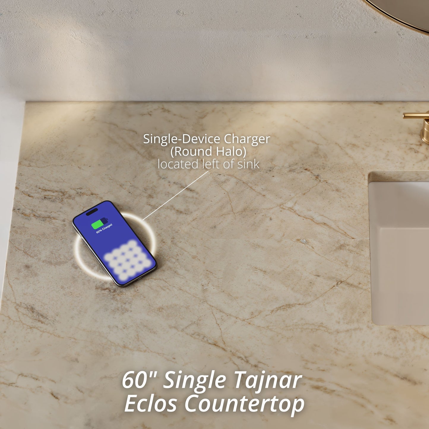 Renovate for Less Atlanta Brittany 60" Single Vanity, Pecan w/ 3 CM Tajnar Eclos Top w/FreePower Wireless Charger