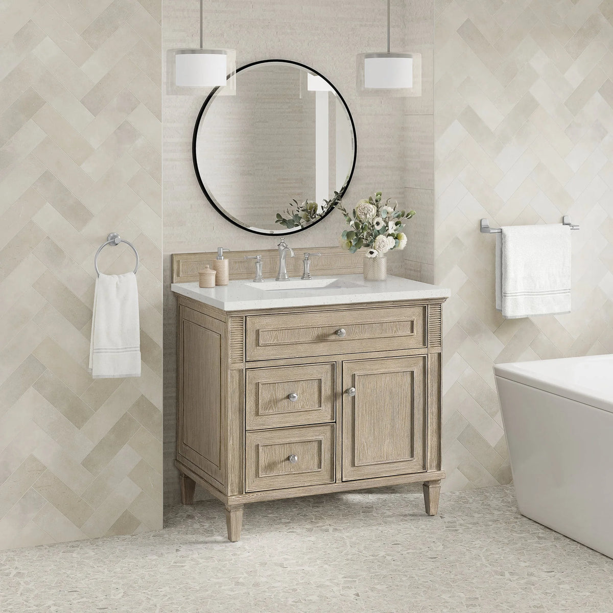 Lorelai 36" Single Vanity, Whitewashed Oak w/ 3 CM Lime Delight Silestone Top
