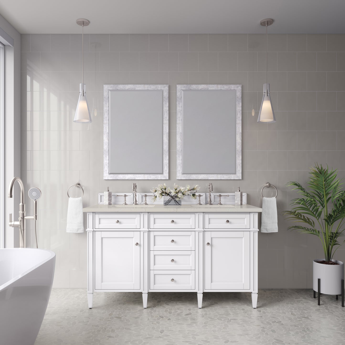Renovate for Less Atlanta Brittany 60" Double Vanity in Bright White, w/ 3 CM Siberian Silestone Top w/FreePower Wireless Charger