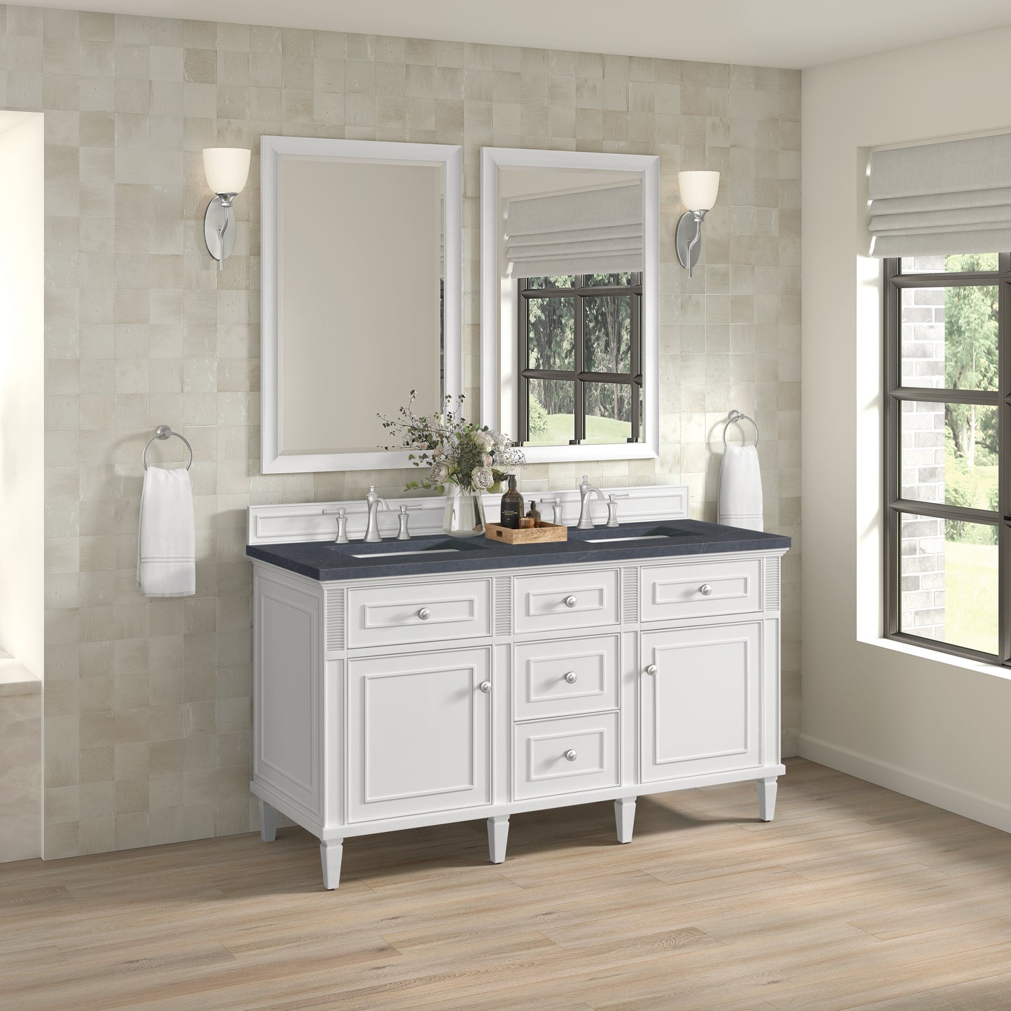 Renovate for Less Atlanta Lorelai 60" Double Vanity, Bright White w/ 3 CM Charcoal Soapstone Silestone Top