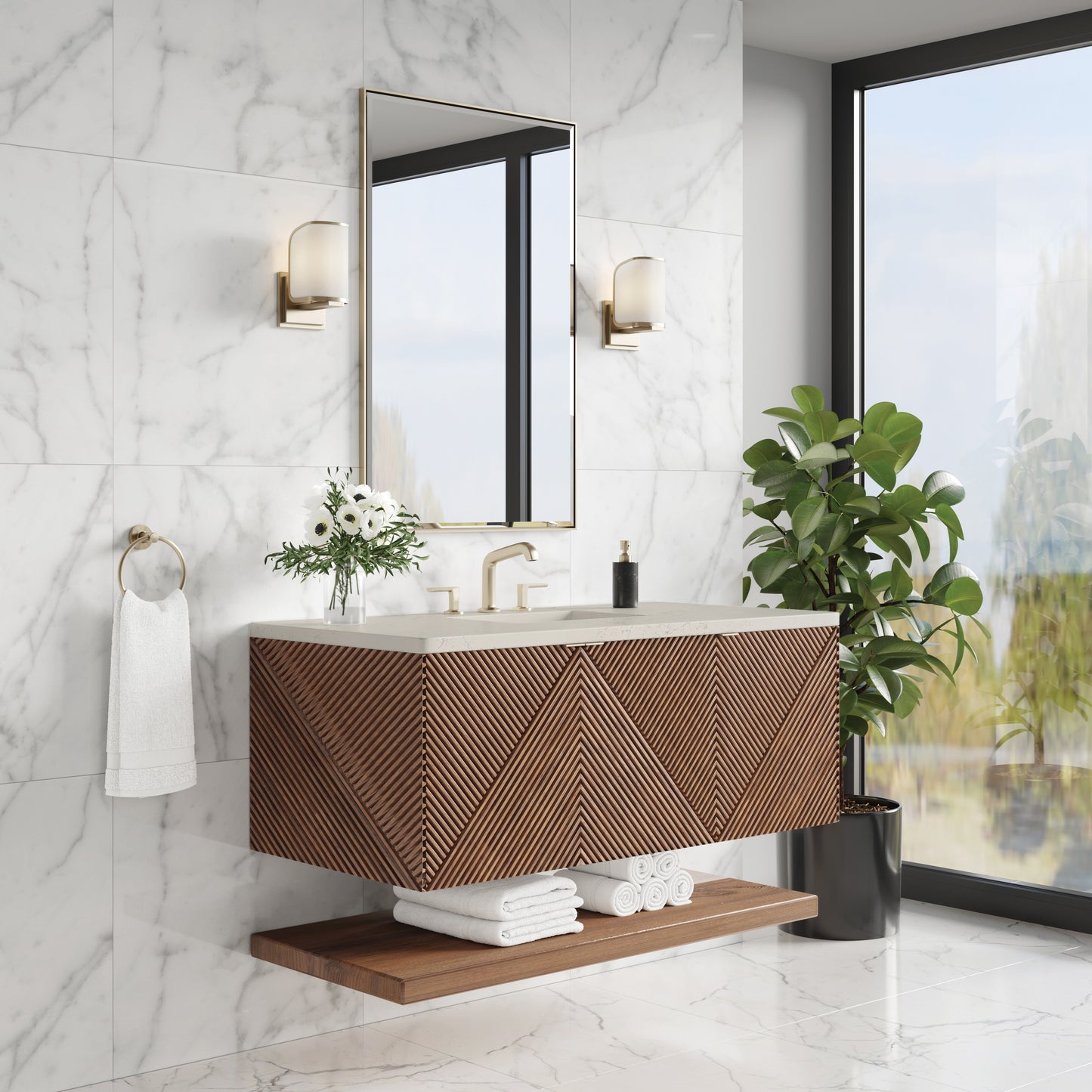 Renovate for Less Atlanta Marcello 48" Single Vanity, Chestnut, w/ 3 CM Siberian Silestone Top
