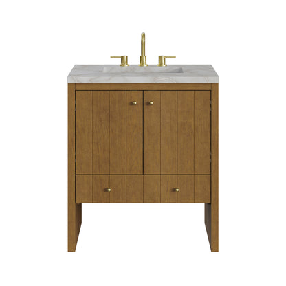 Renovate for Less Atlanta Hudson 30" Single Vanity, Honey Oak w/ 3 CM Victorian Silver Silestone Top