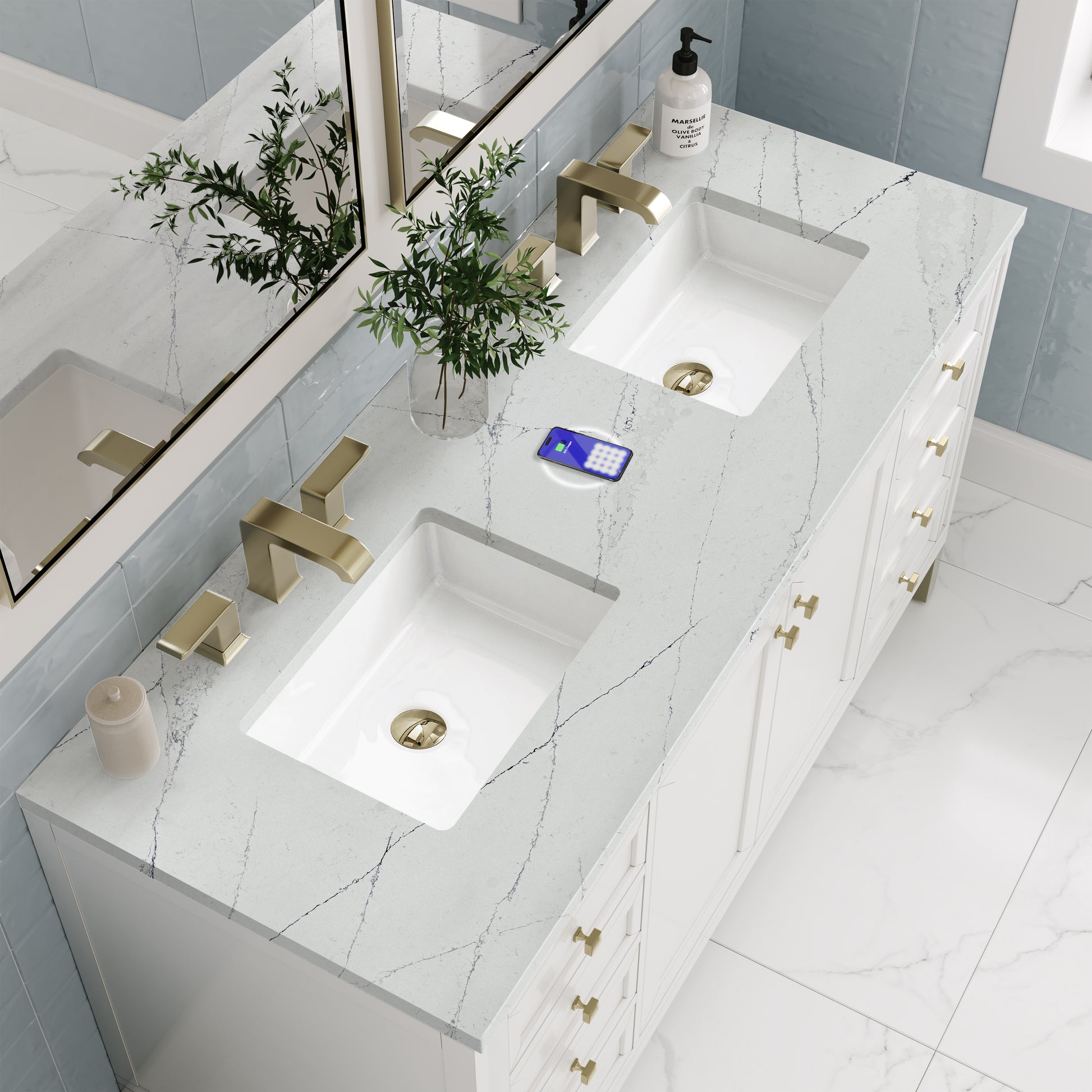 Renovate for Less Atlanta Chicago 60" Double Vanity, Glossy White, w/ 3 CM Ethereal Noctis Silestone® Top w/FreePower Wireless Charger