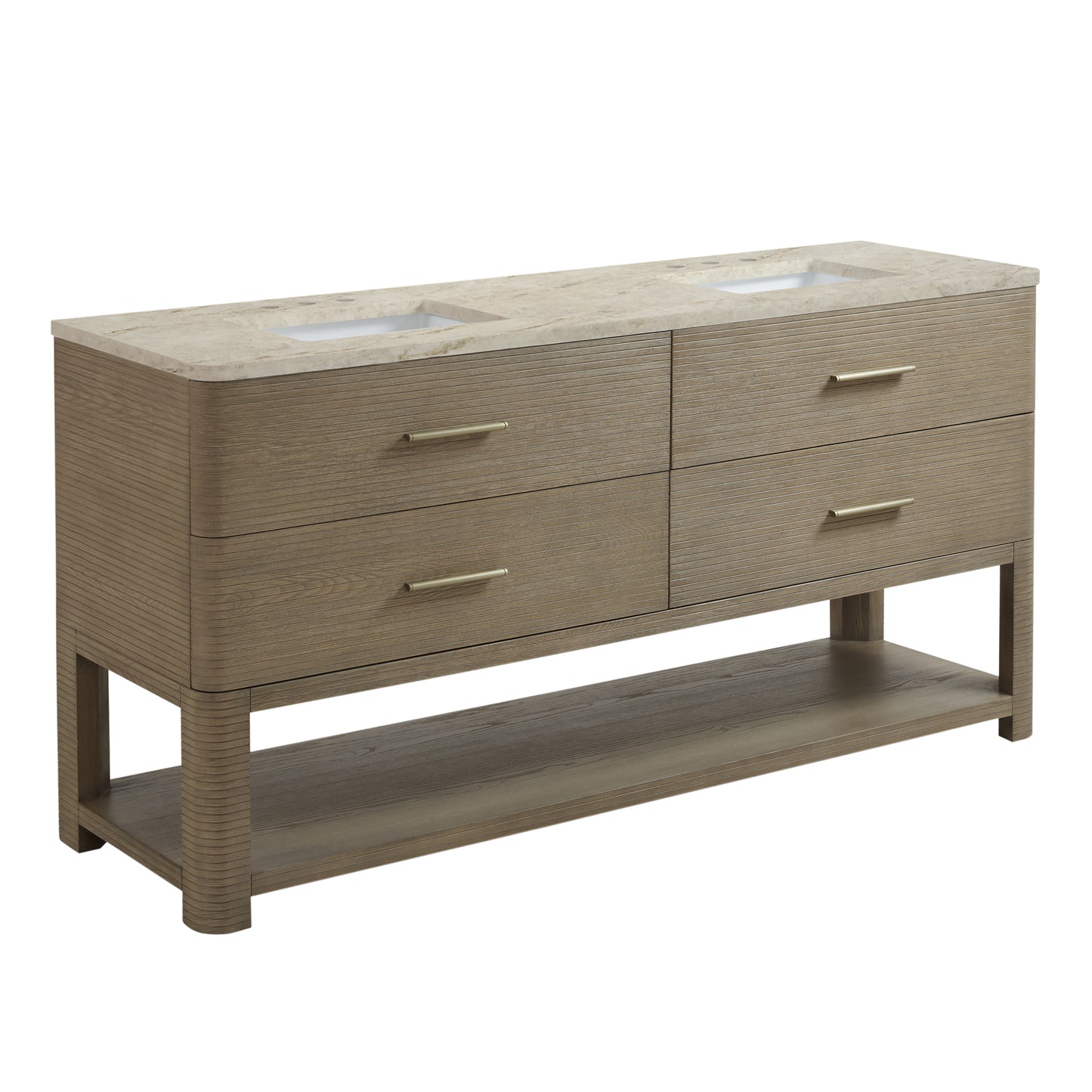 Renovate for Less Atlanta Lucian 72" Double Vanity, Pebble Oak, w/ 3 CM Tajnar Eclos Top w/FreePower Wireless Charger