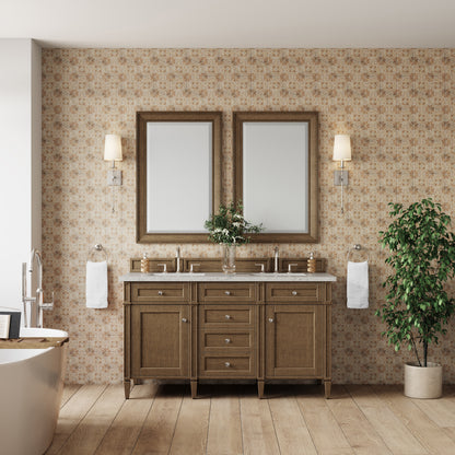 Renovate for Less Atlanta Brittany 60" Double Vanity, Saddle Brown w/ 3 CM Eternal Jasmine Pearl Silestone Top